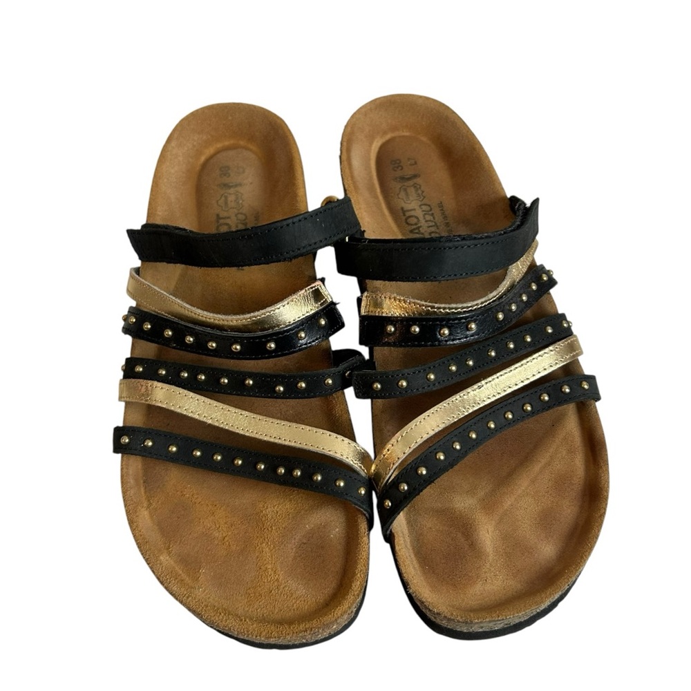 NOAT PRESCOTT Slide Sandal Leather Black/Gold Cork Wedge US 7 EU 38 - Picture 4 of 12